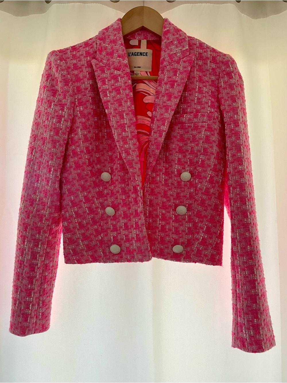 L'AGENCE Inez Hot Pink Tweed Double-Breasted Cropped Blazer 2